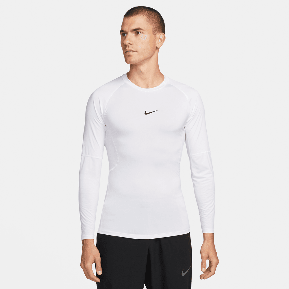 Nike Pro Men s Dri FIT Tight Long Sleeve Fitness Top White Black Bouncewear