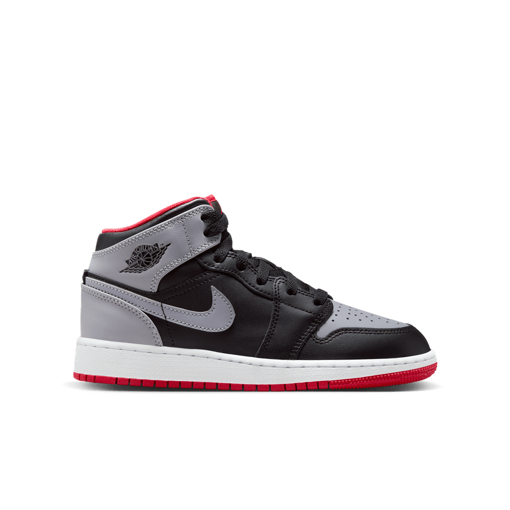 Air Jordan 1 Mid Big Kids' Shoes (GS) 'Black/Grey/Red/White'
