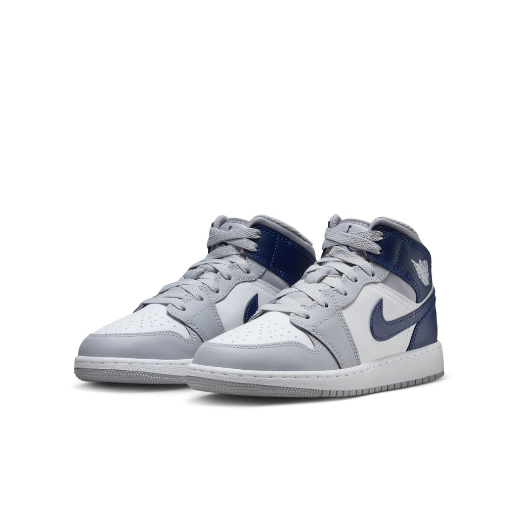 Air Jordan 1 Mid Big Kids' Shoes (GS) 'White/Navy/Grey'