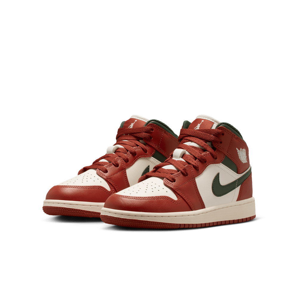 Air Jordan 1 Mid Big Kids' Shoes (GS) 'Sail/Green/Redstone'