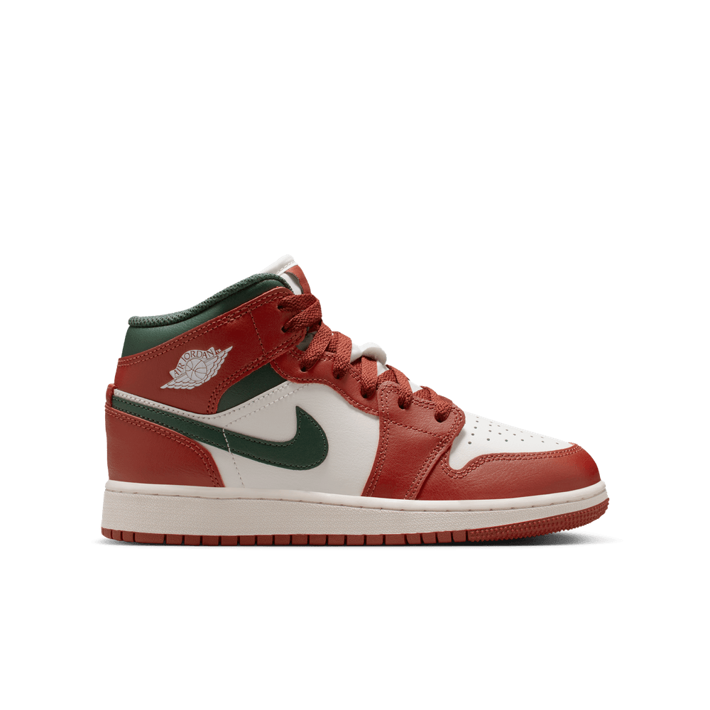 Air Jordan 1 Mid Big Kids' Shoes (GS) 'Sail/Green/Redstone'