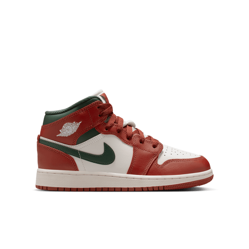 Air Jordan 1 Mid Big Kids' Shoes (GS) 'Sail/Green/Redstone'