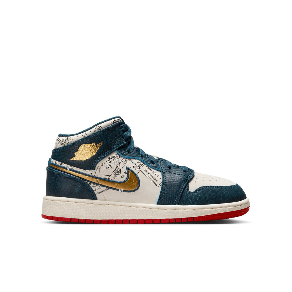 Air Jordan 1 Mid SE Big Kids' Shoes (GS) ARMORY NAVY/METALLIC GOLD-PALE IVOR