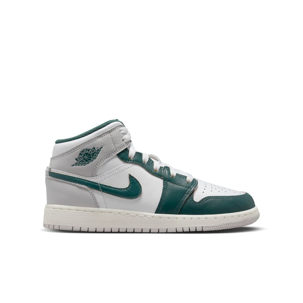 Air Jordan 1 Mid SE Big Kids' Shoes (GS) 'White/Green/Grey'